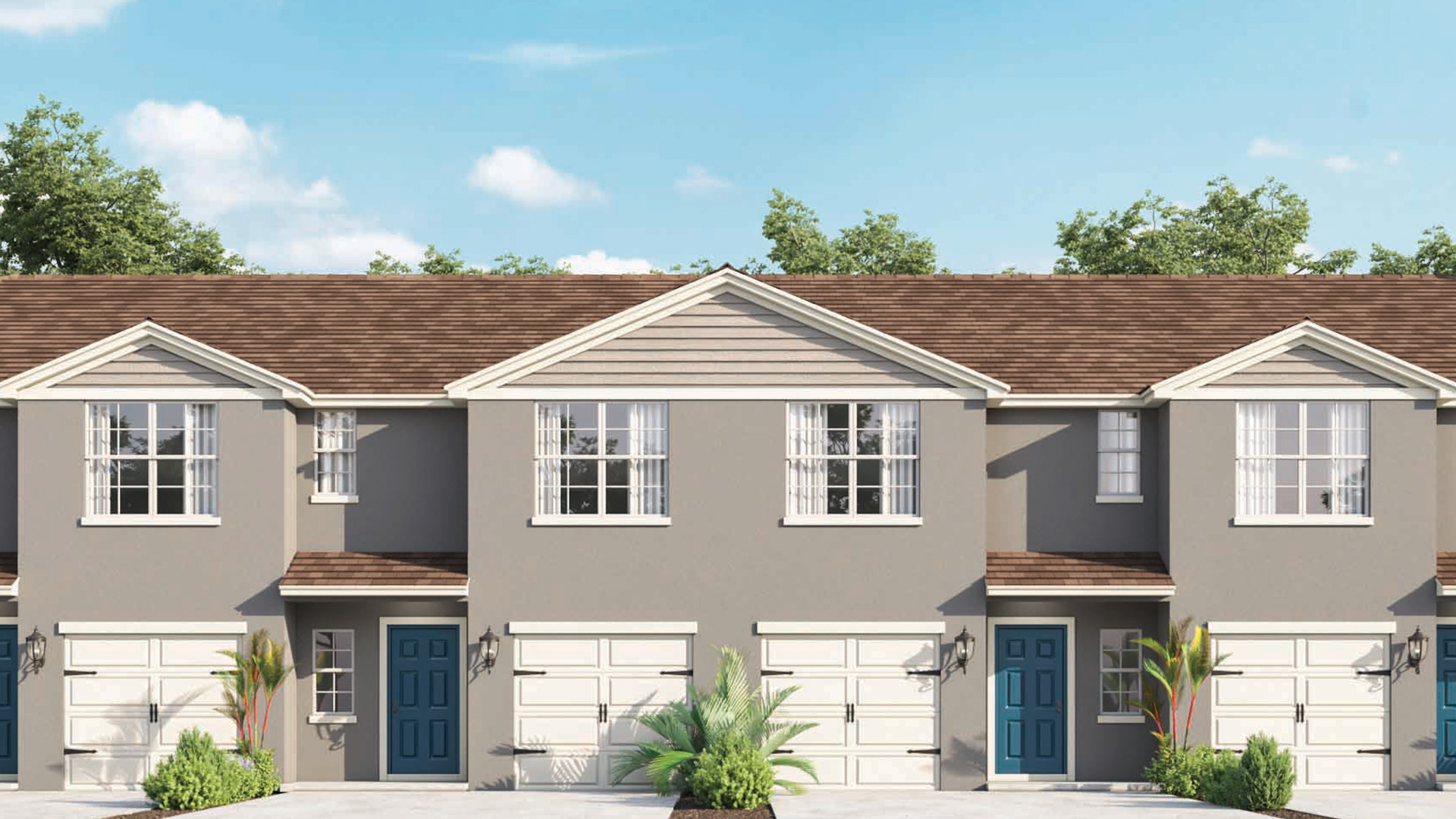 Attached townhome with concrete block construction and a one-car garage.