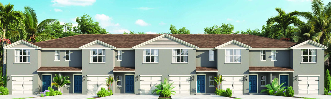 Attached townhome with concrete block construction and a one-car garage.