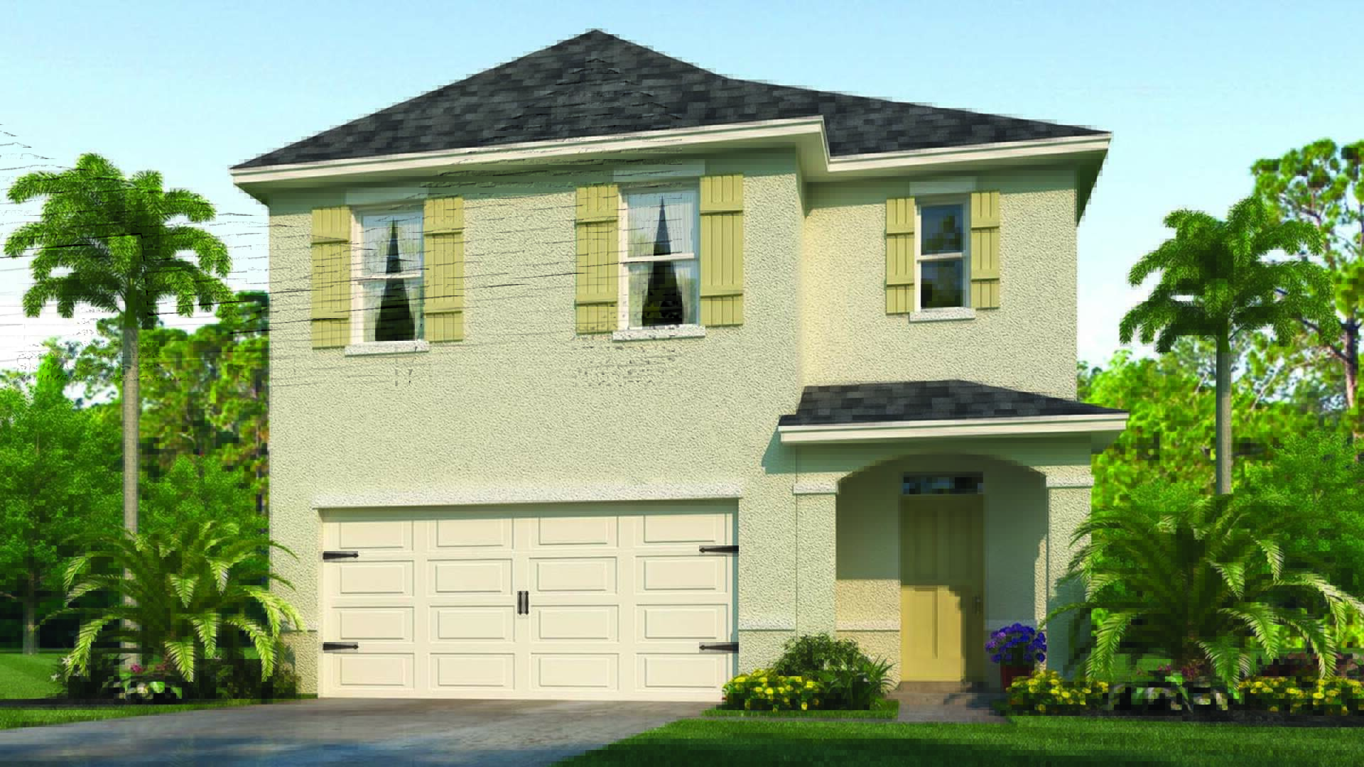 Rendering of two-story new home with driveway, large windows, and grassy front yard.