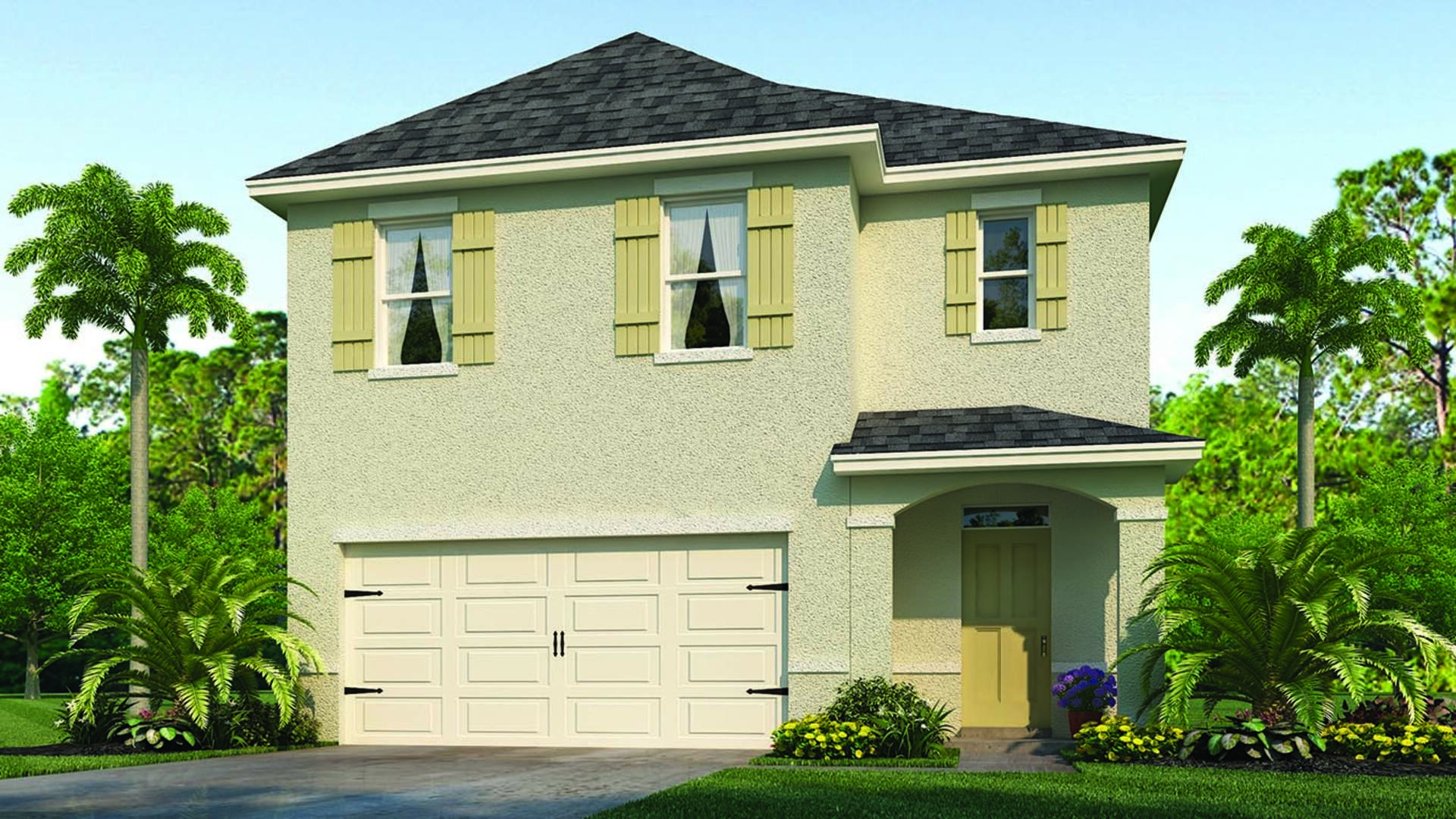 Rendering of two-story new home with driveway, large windows, and grassy front yard.