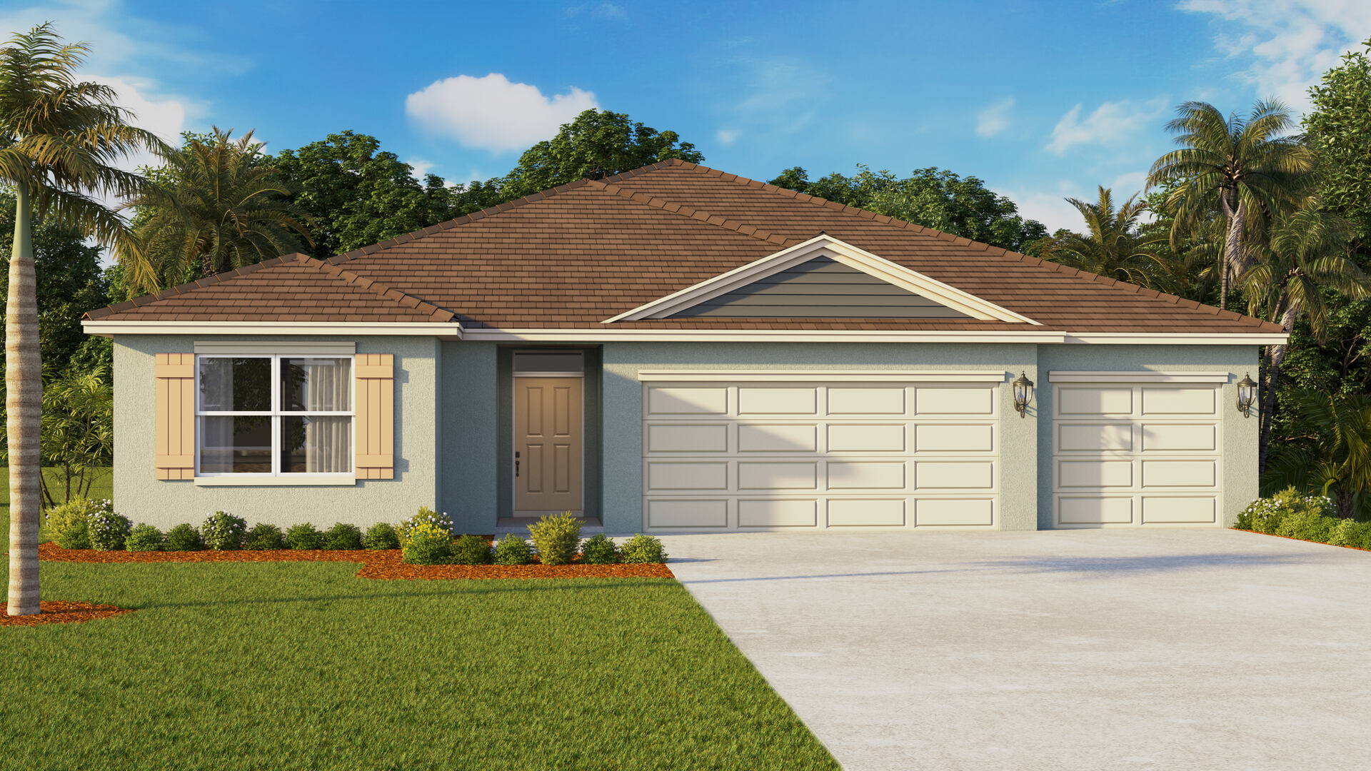 Single story new home with siding, covered porch and 3 car garage.