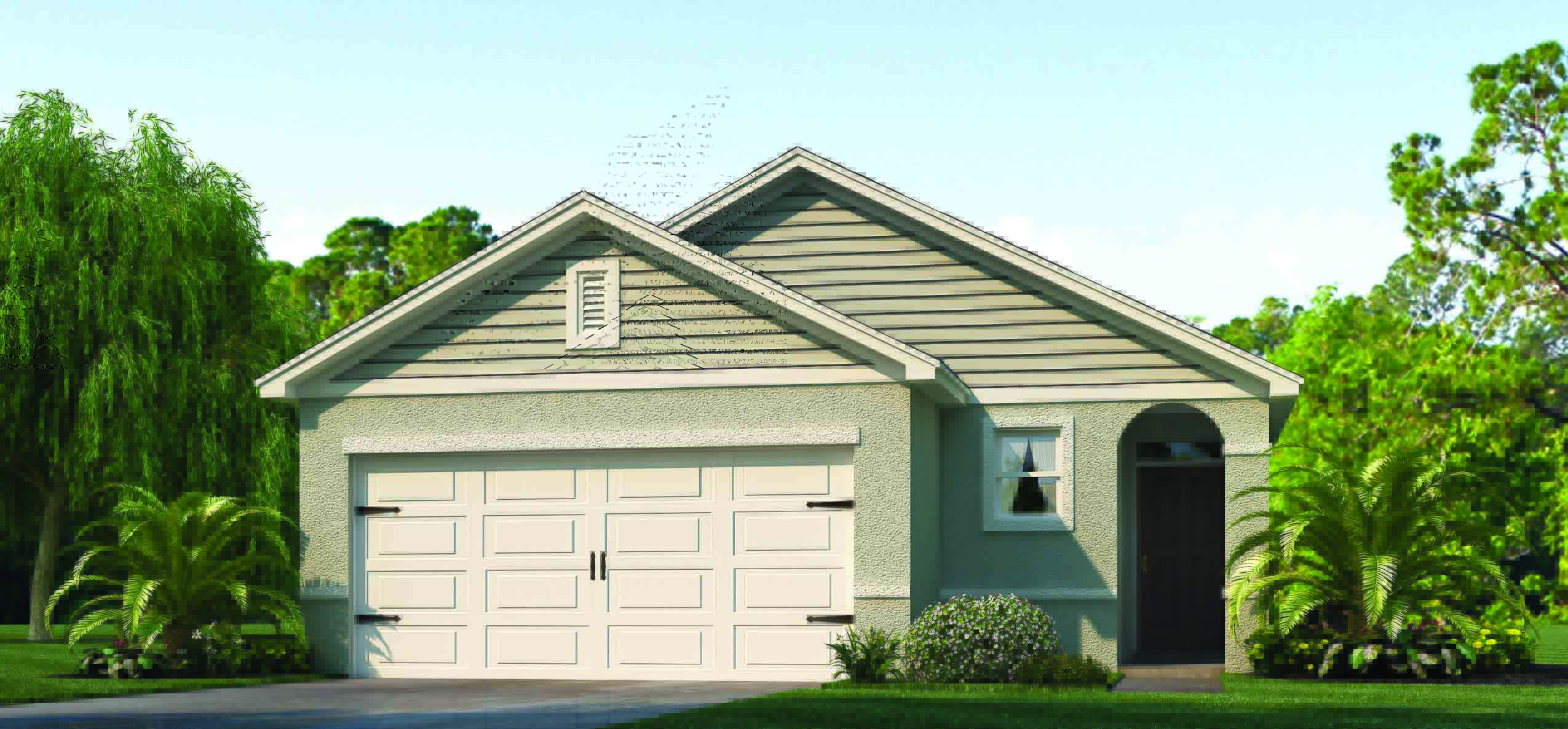 Single story new home with large windows and 2 car garage.