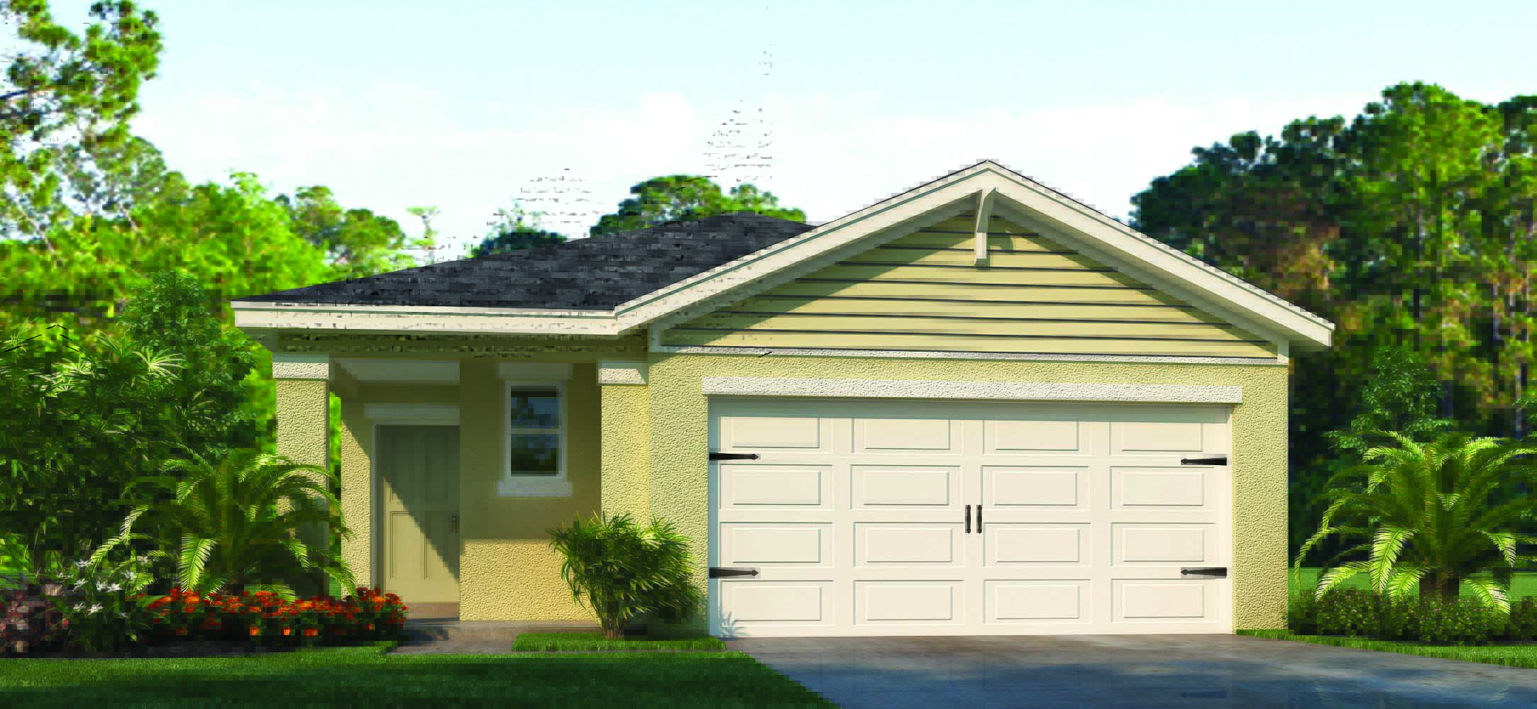 Single story new home with large windows and 2 car garage.