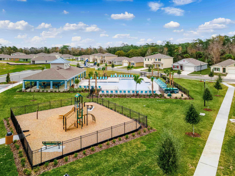 Aerial view of the community amenity area with blue skies and sidewalks