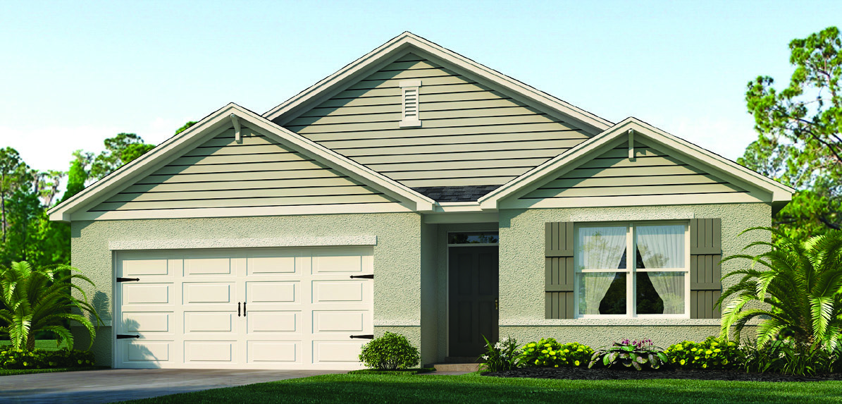 Single story new home with large windows and 2 car garage.