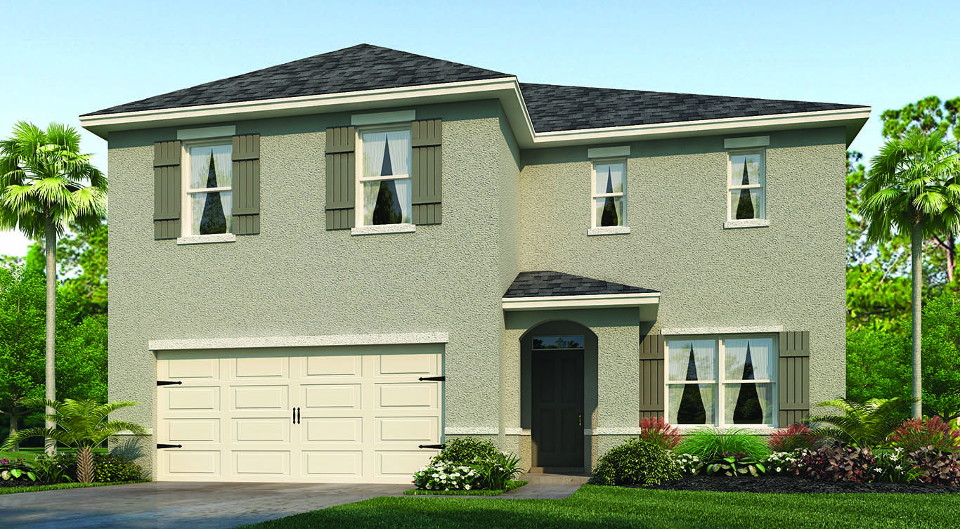 two story new home with large windows and 2 car garage.