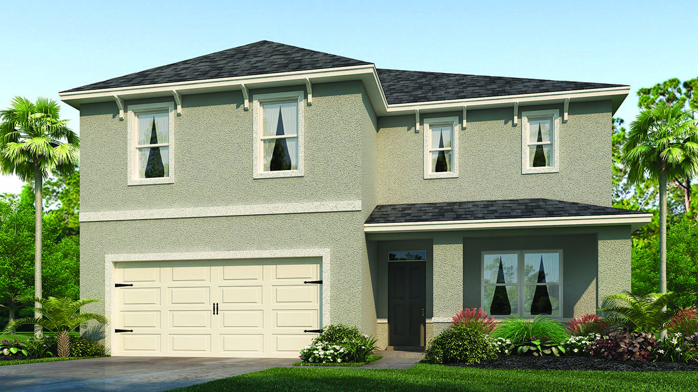 two story new home with large windows and 2 car garage.