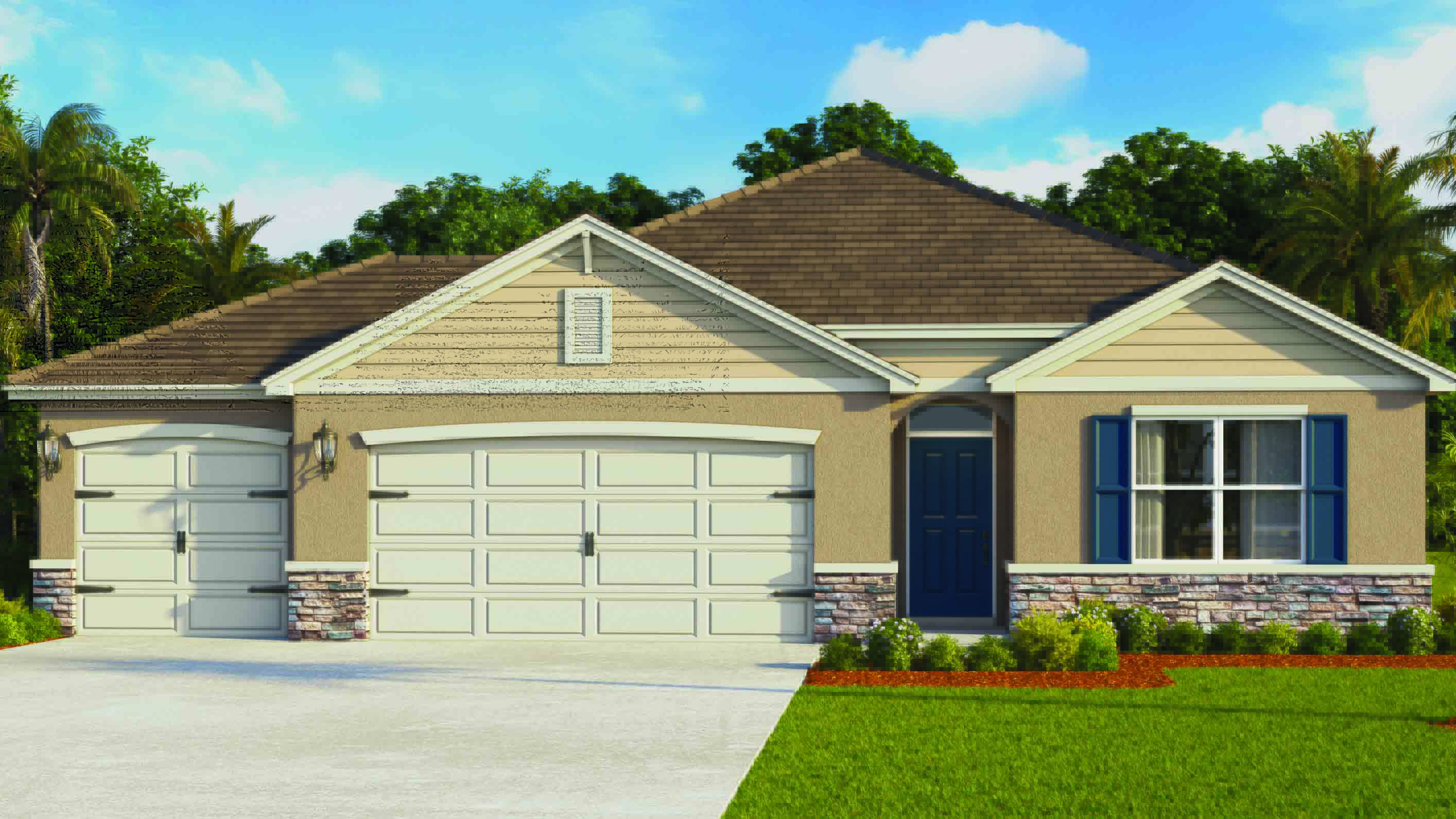 Single story new home with large windows and 2 car garage.