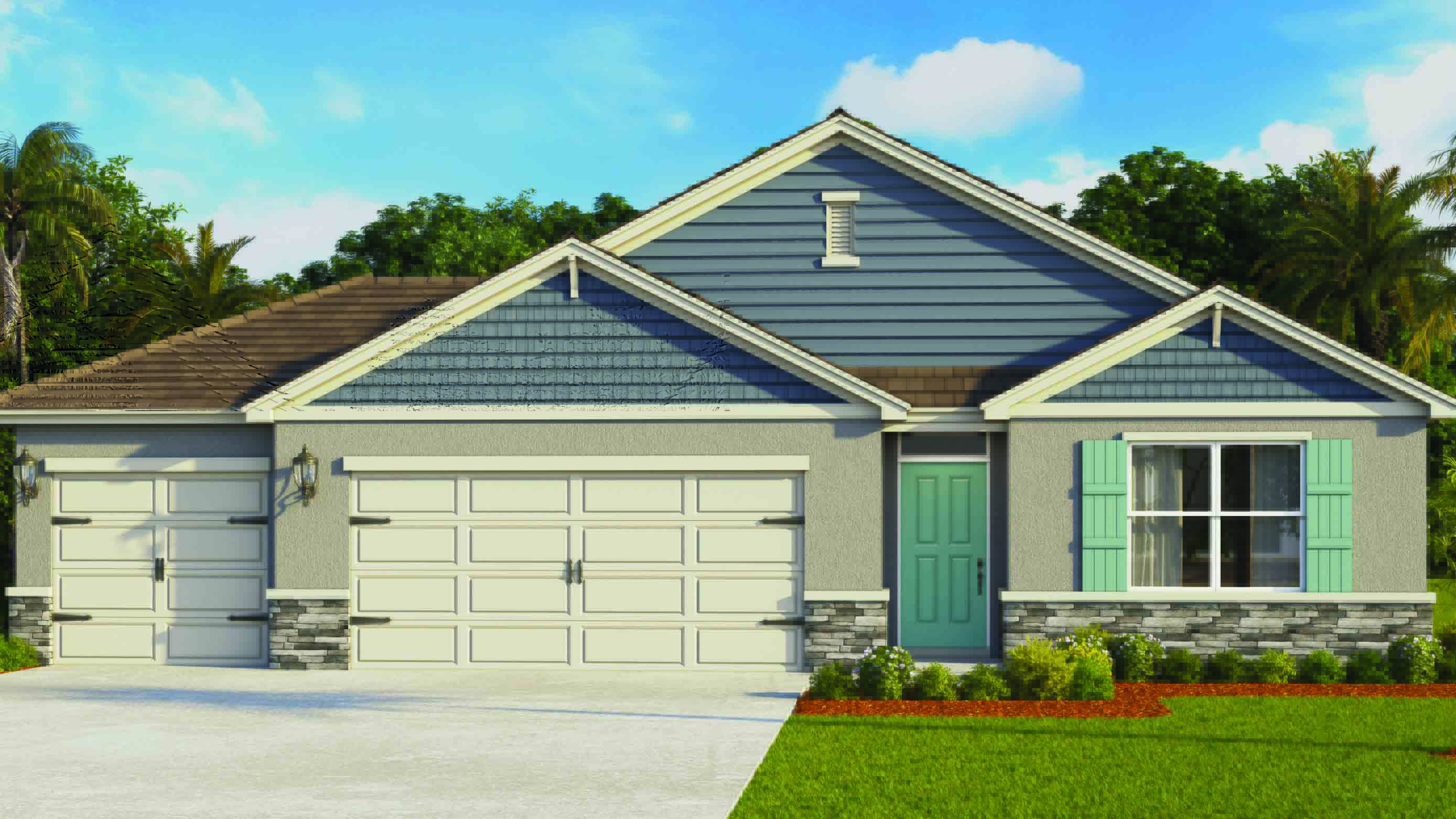 Single story new home with large windows and 2 car garage.