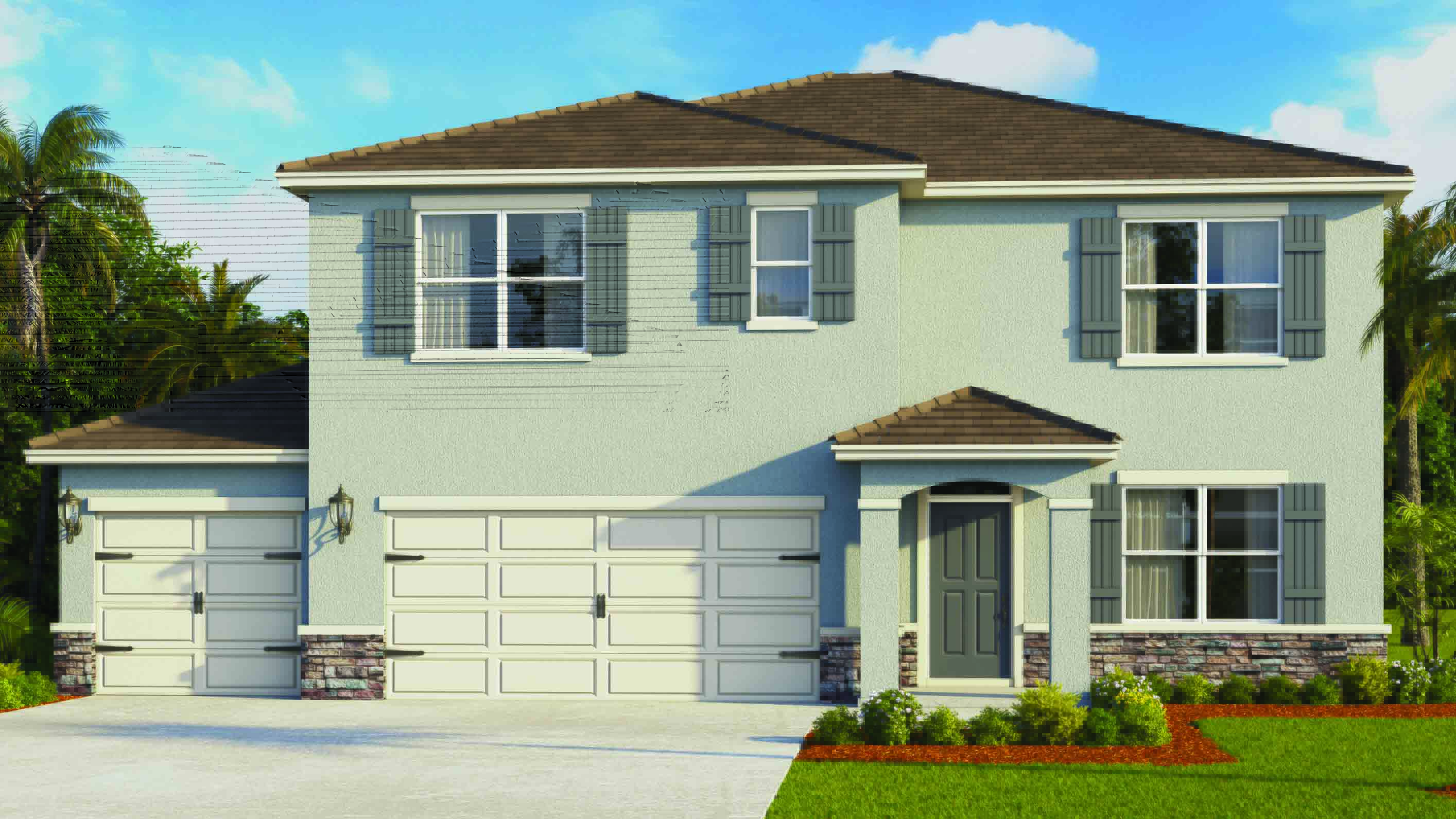 two story new home with large windows and 2 car garage.