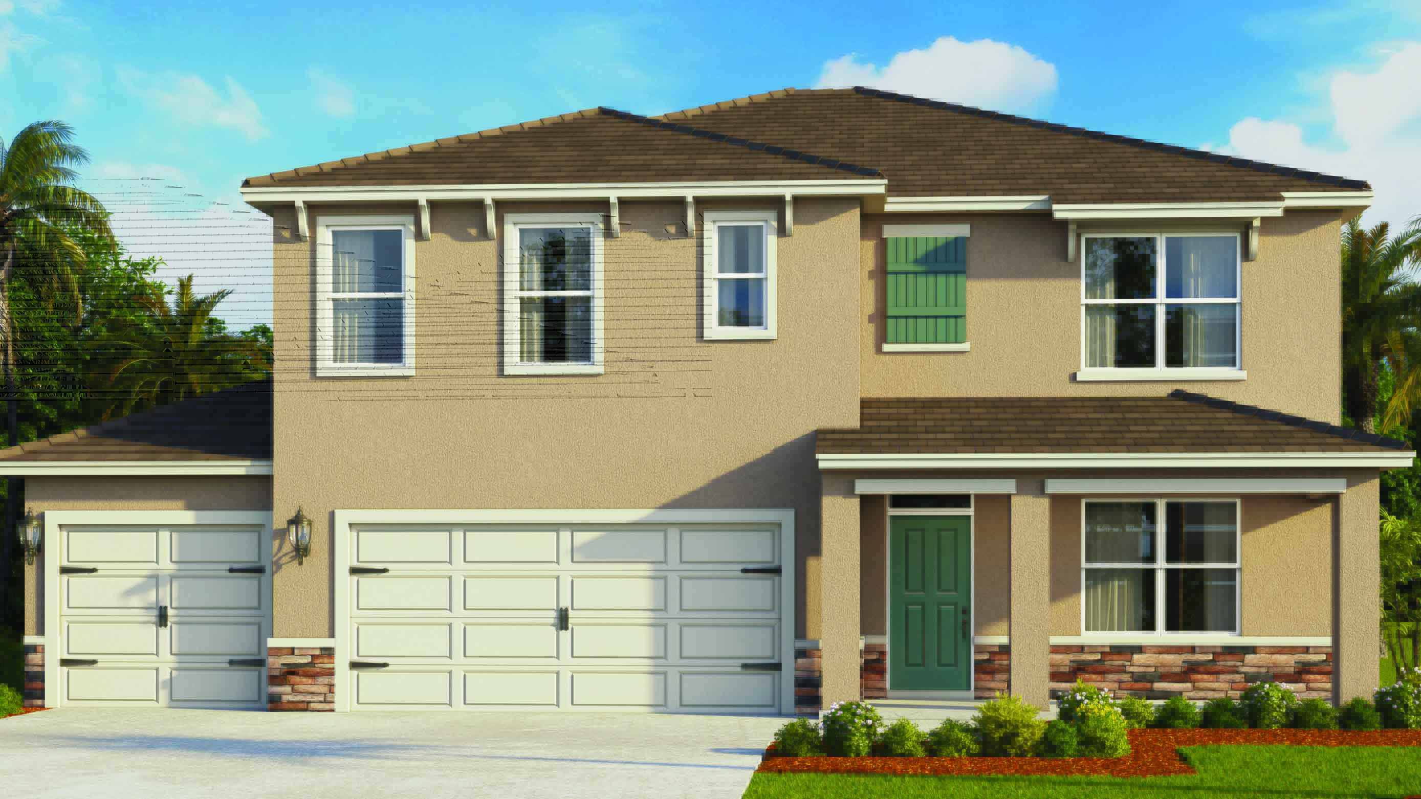 two story new home with large windows and 2 car garage.