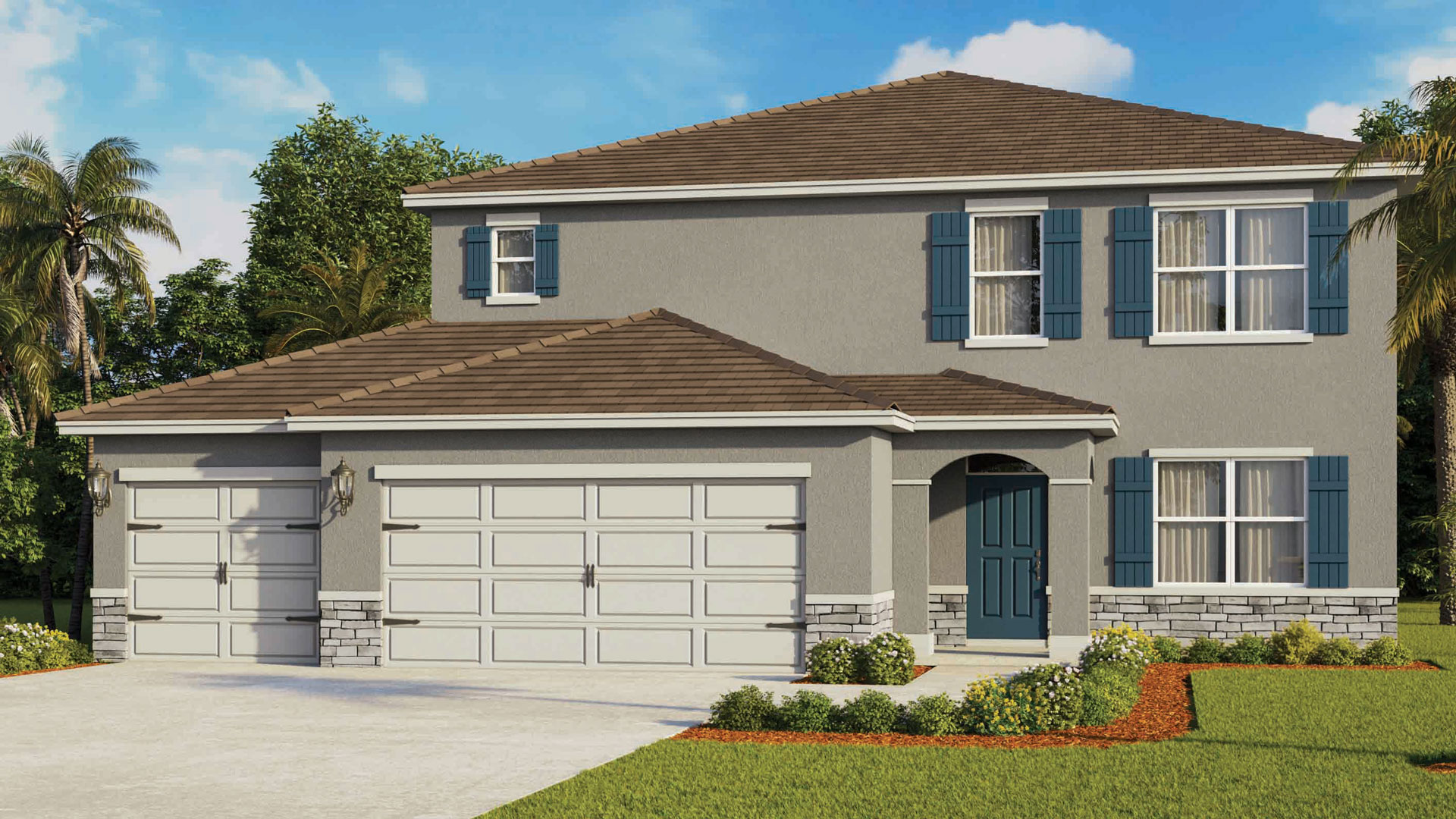 two story new home with large windows and 2 car garage.