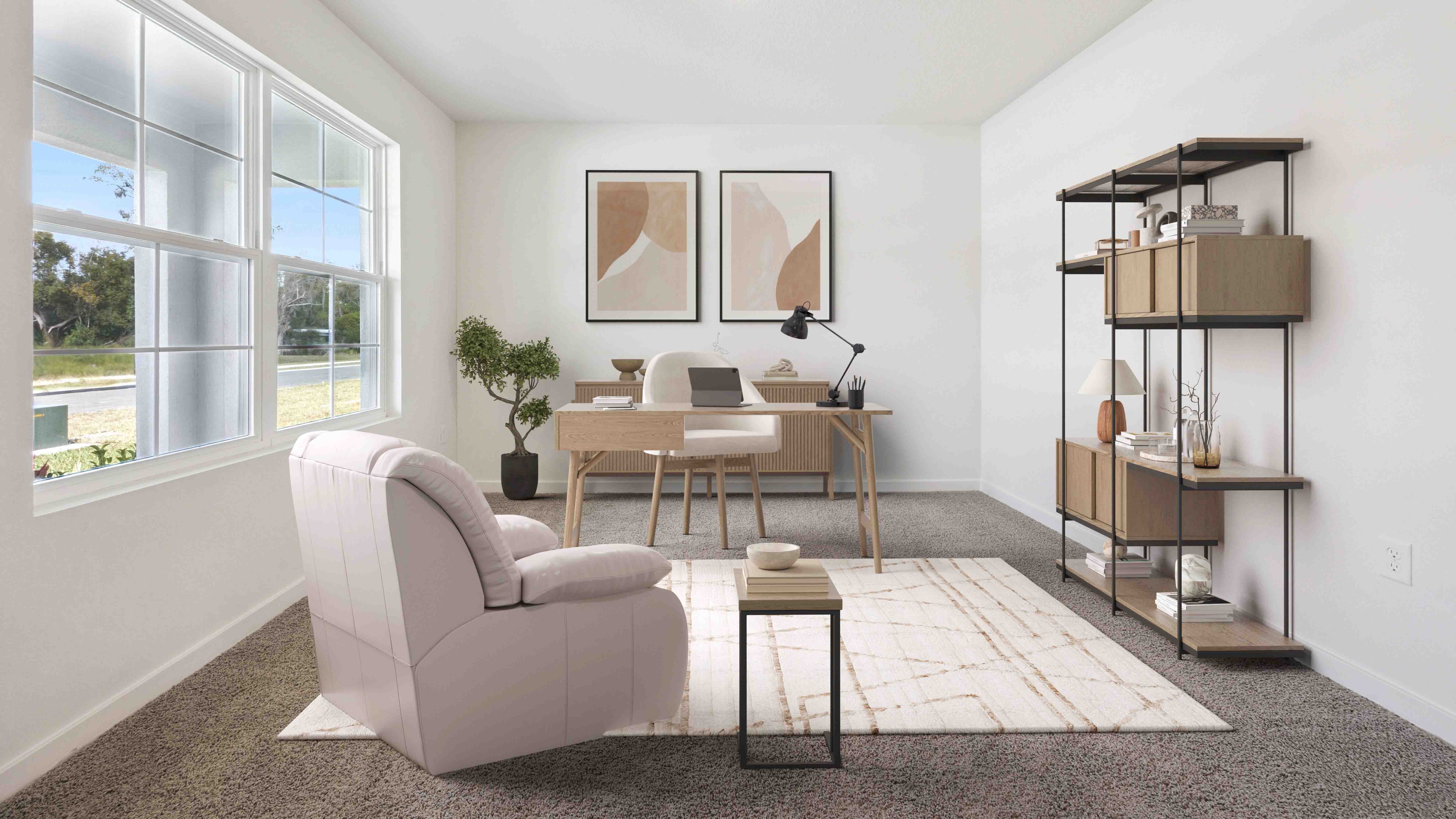 Functional home office with desk, chairs and space to work or play.