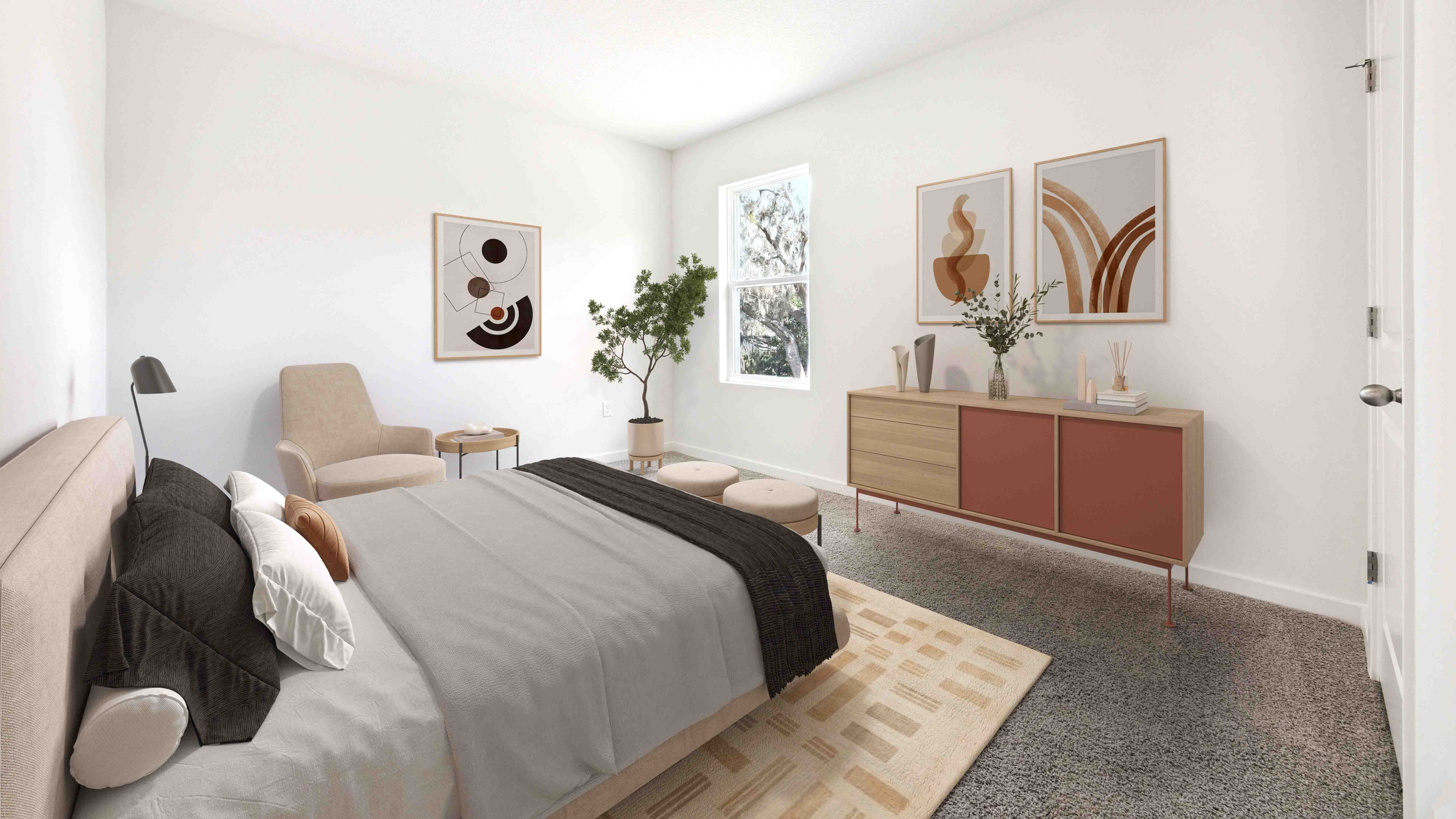 Guest bedroom with bed, nighstands and natural lighting and spacious closet.