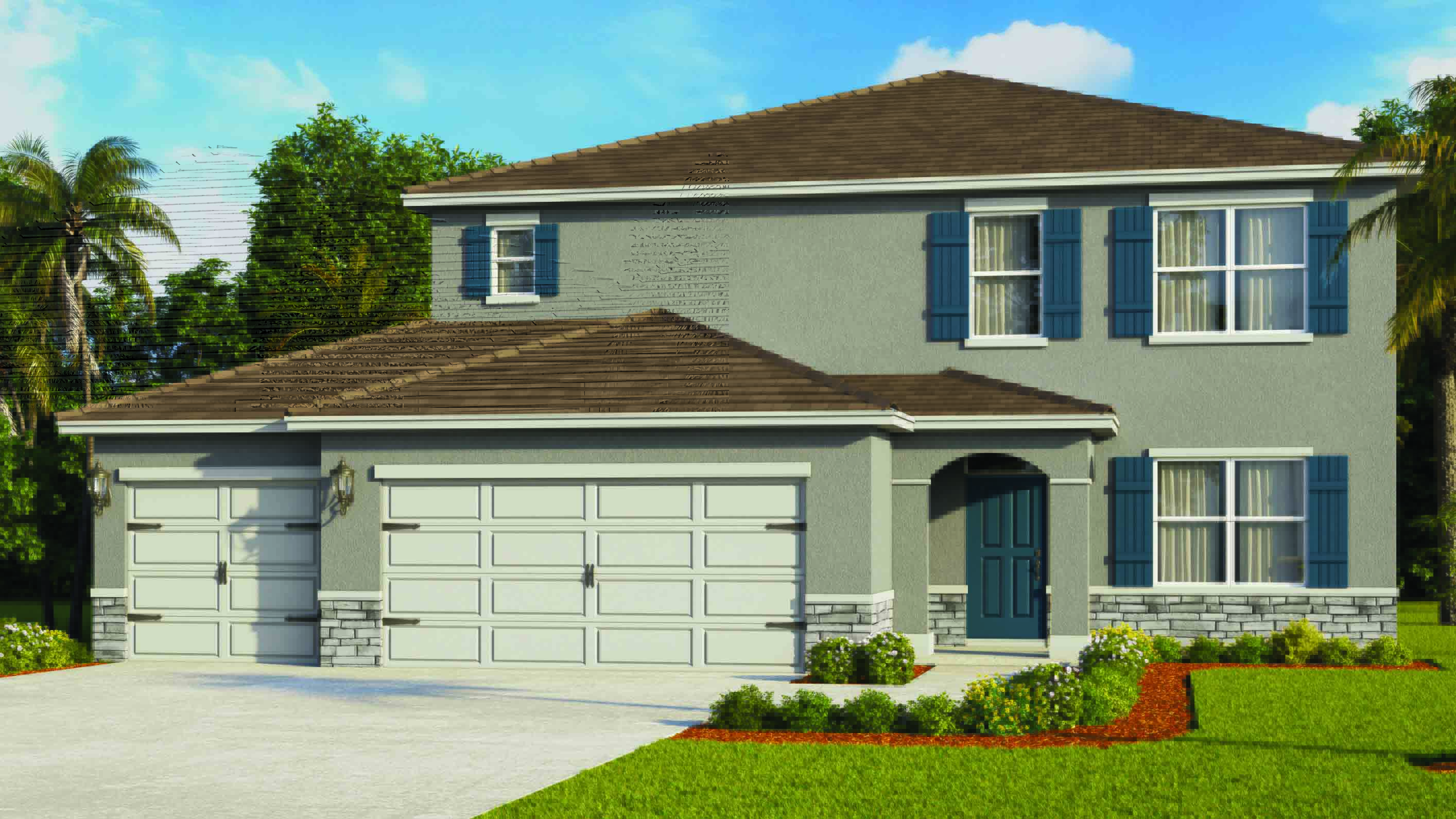 two story new home with large windows and 2 car garage.