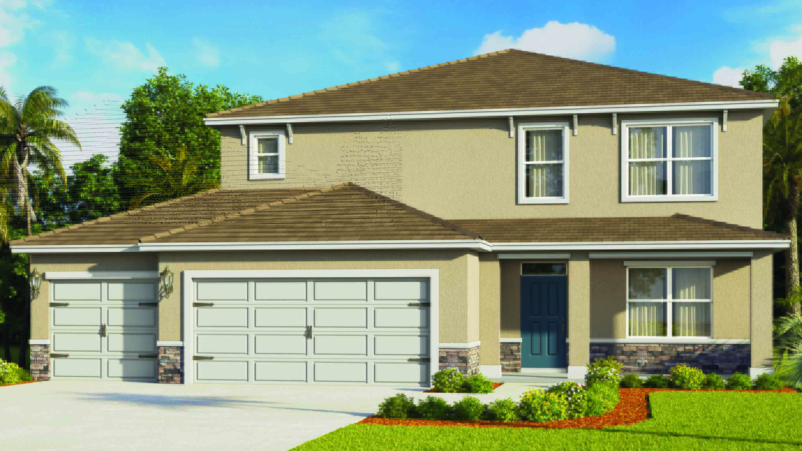 two story new home with large windows and 2 car garage.