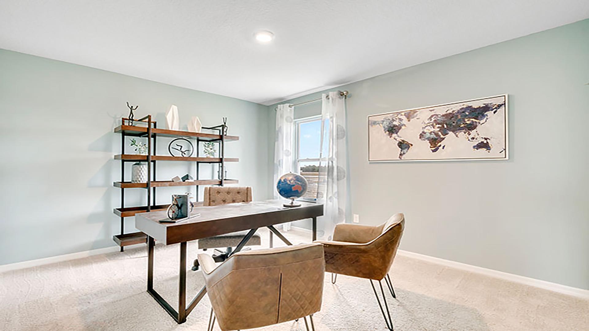 Functional home office with desk, chairs and space to work or play.