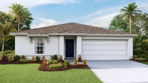 single-story exterior with light siding and front window and garage
