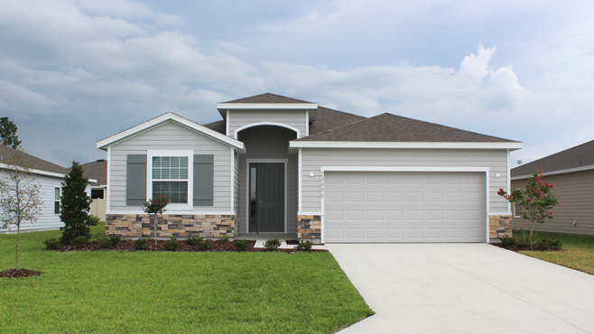 Lantana single-story exterior with light siding and front window and garagetana