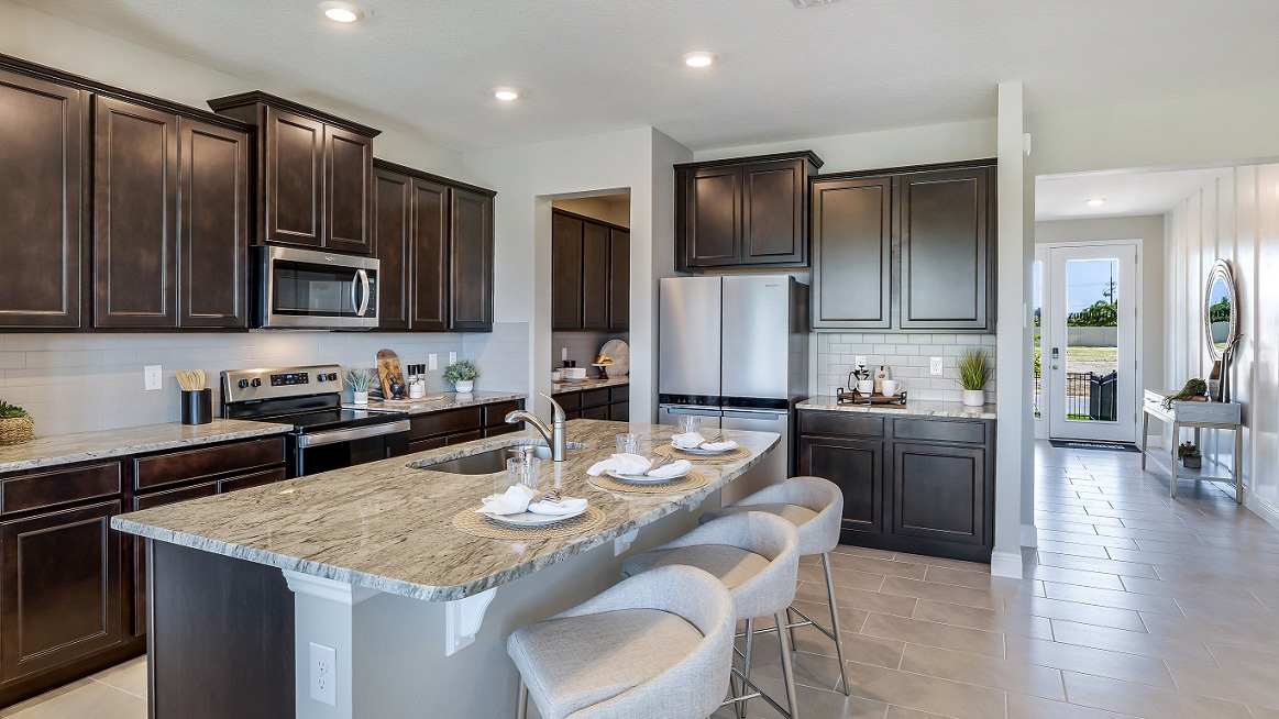 Kitchen with island and dark cabinets and stainless steel appliances