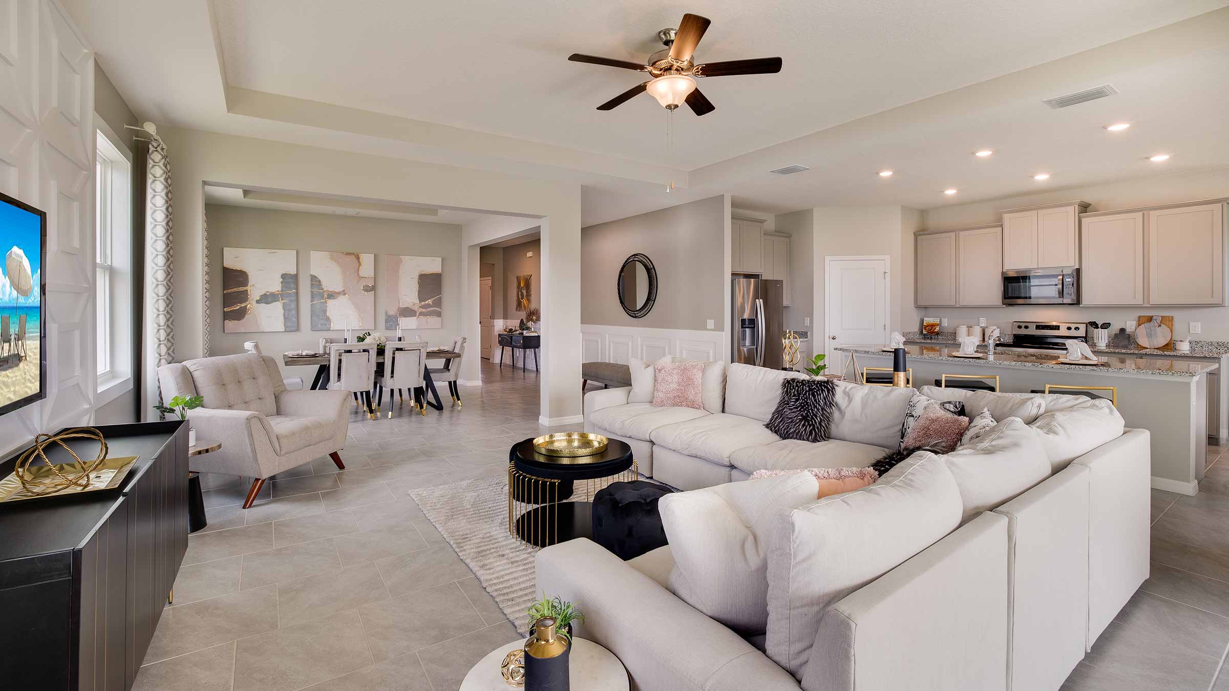 Camden Living space with ceiling fan