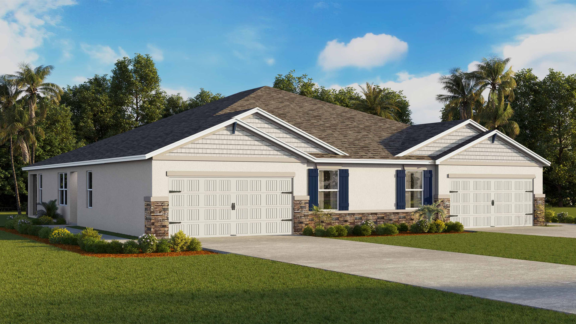 Carrington floor plan elevation exterior single-story twin villa home.