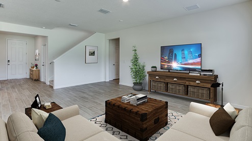 Finley Woods Coral living room and stairs
