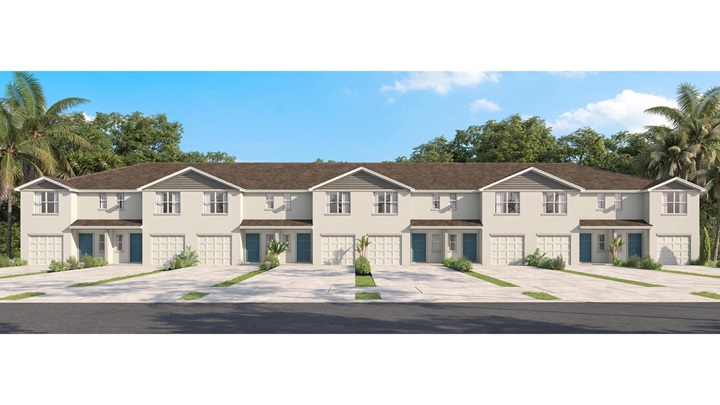 A row of modern two-story townhomes with blue doors and one car garages.