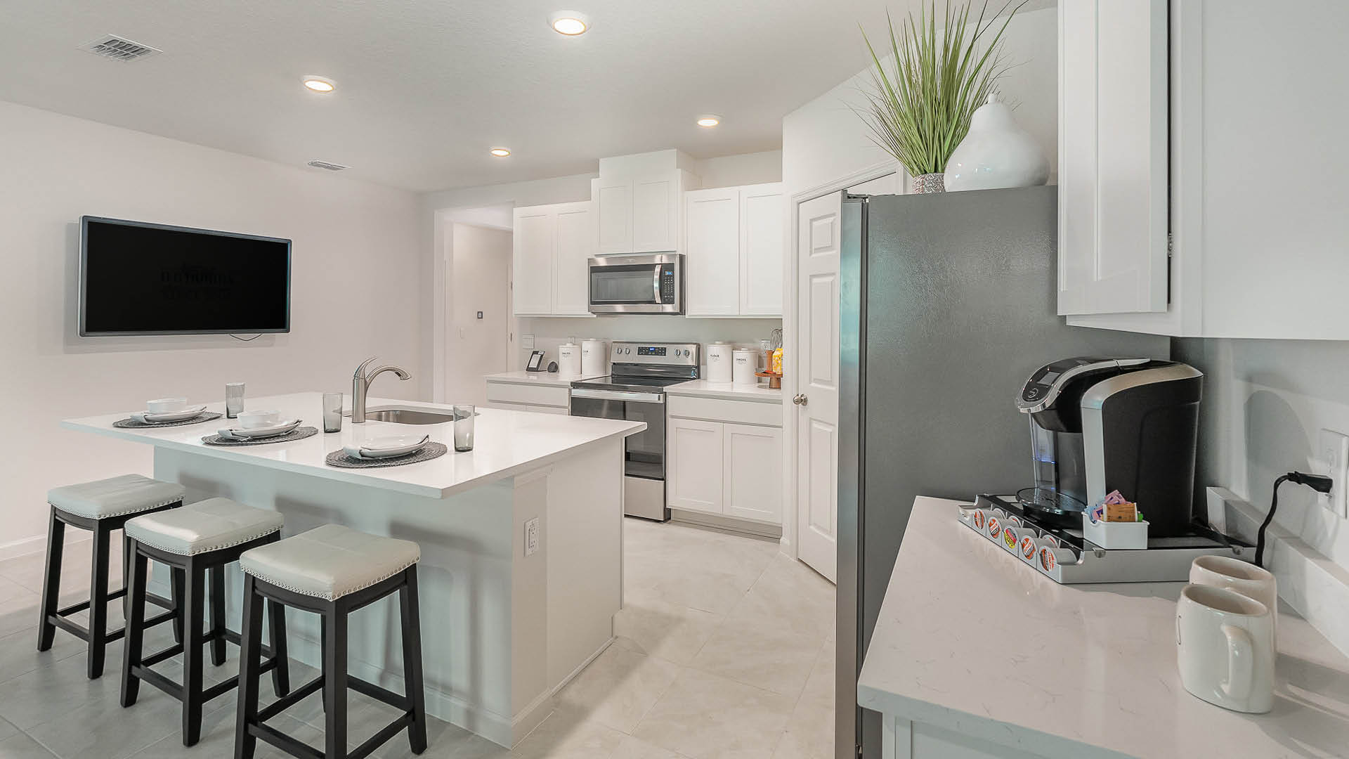 Kitchen overlooking kitchen island