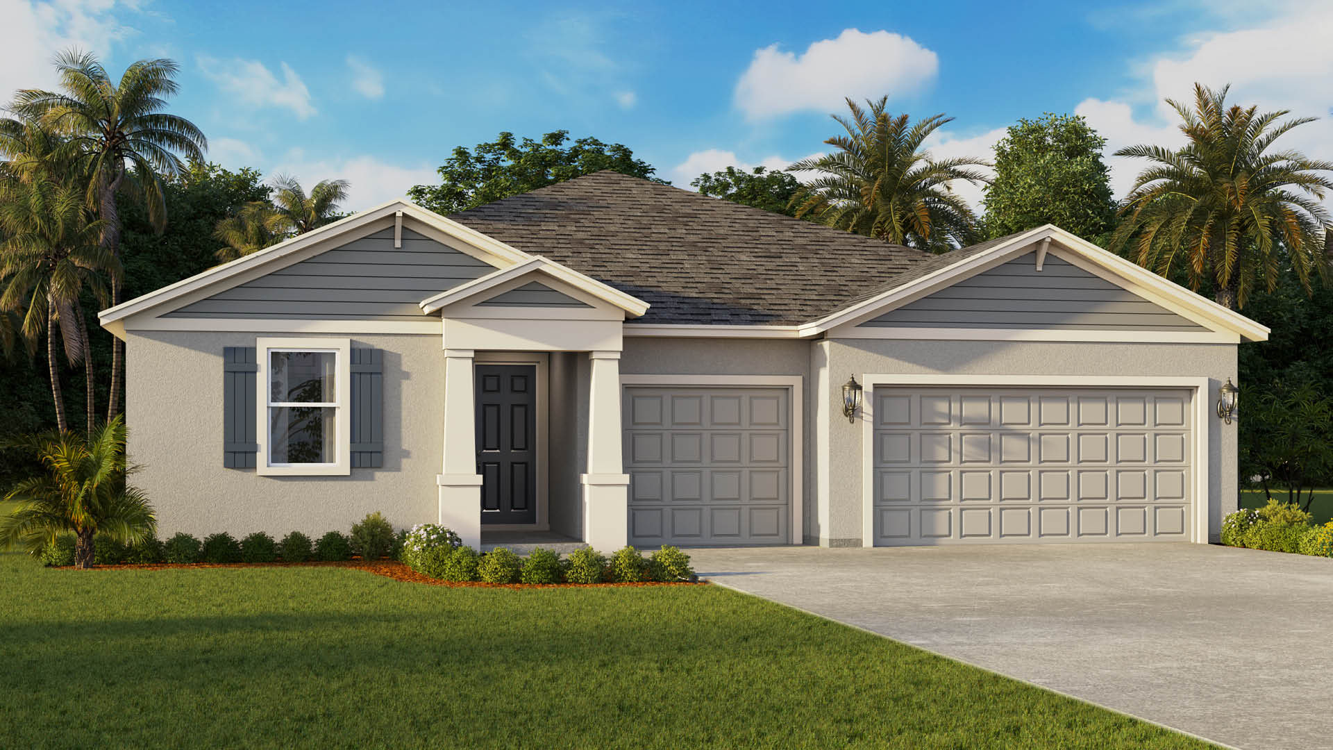 A modern single-story home with a mix of light gray and blue shutters, featuring a blue front door and three car garage.