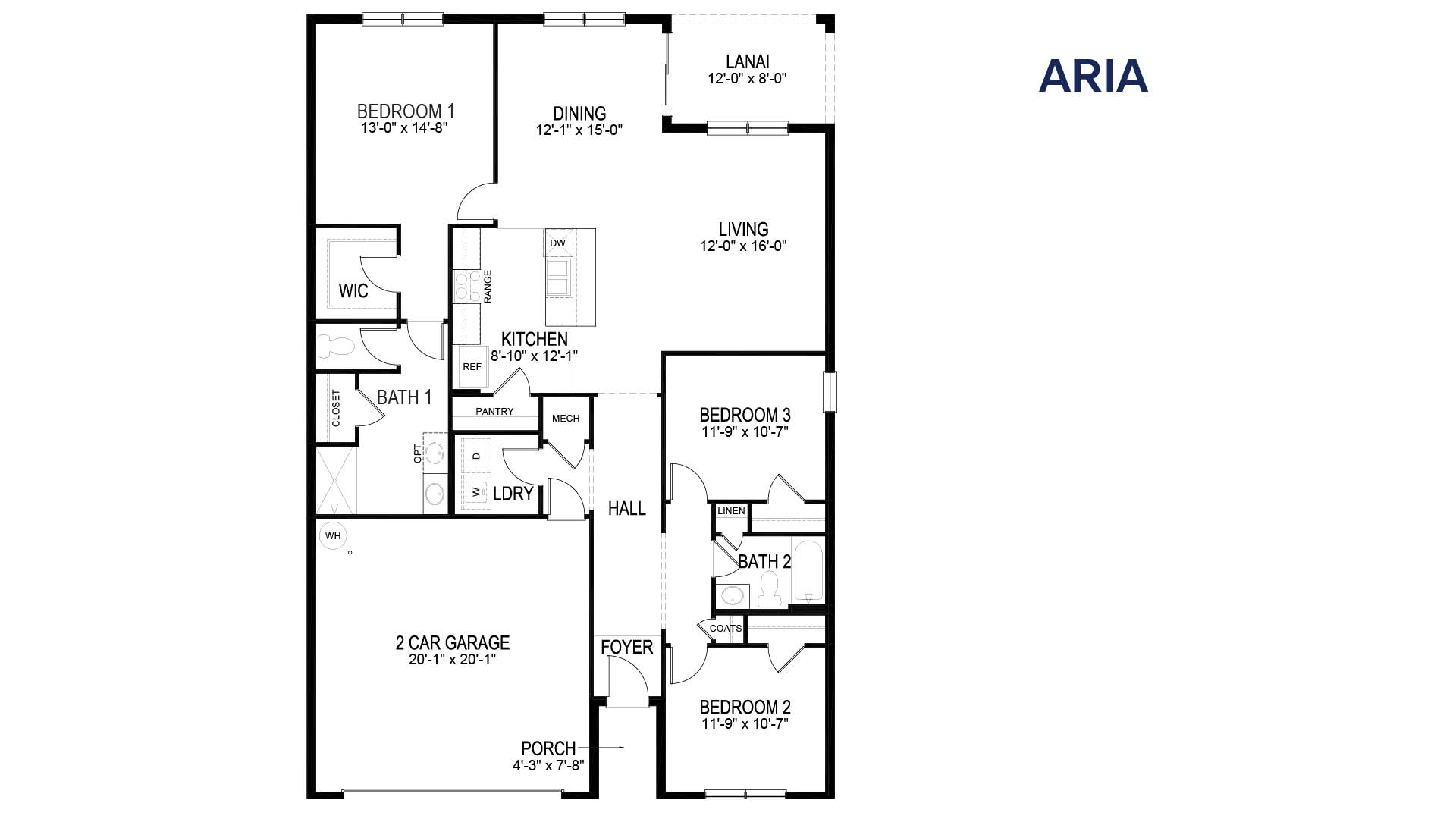 Floorplan illustration showing the layout of a single-story home with three bedrooms, a spacious living room, a kitchen, two bathrooms, and a two car garage.