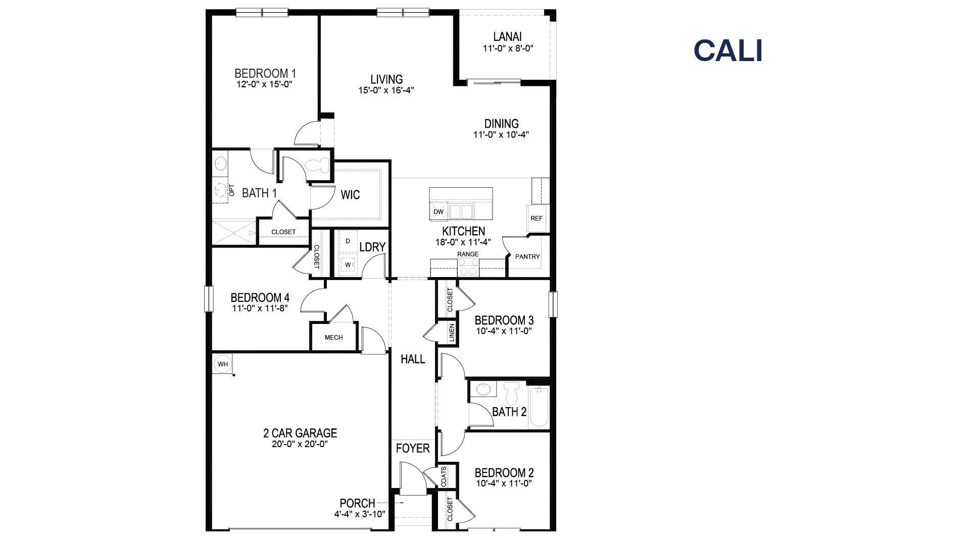 Floorplan illustration showing the layout of a single-story home with four bedrooms, a spacious living room, a kitchen, two bathrooms, and a two car garage.