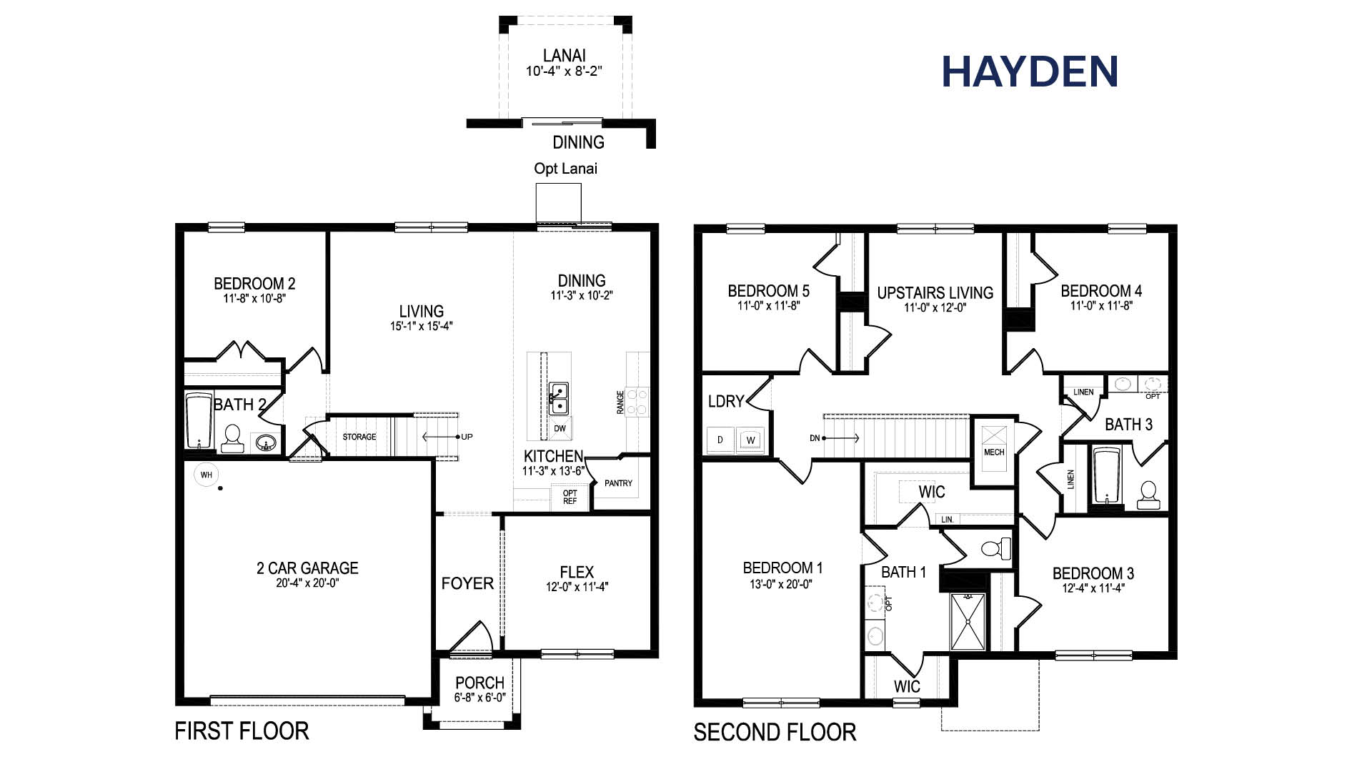 Floorplan illustration showing the layout of a two-story home with five bedrooms, a spacious living room, a kitchen, three bathrooms, and a two car garage.