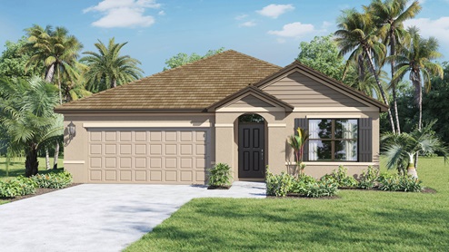 Modern single-story home with beige exterior, two car garage and shingle roof.