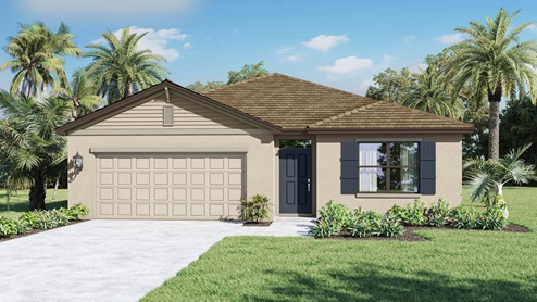 Single-story home, shingled roof, 2-car garage, beige exterior with dark blue door and window shutters.