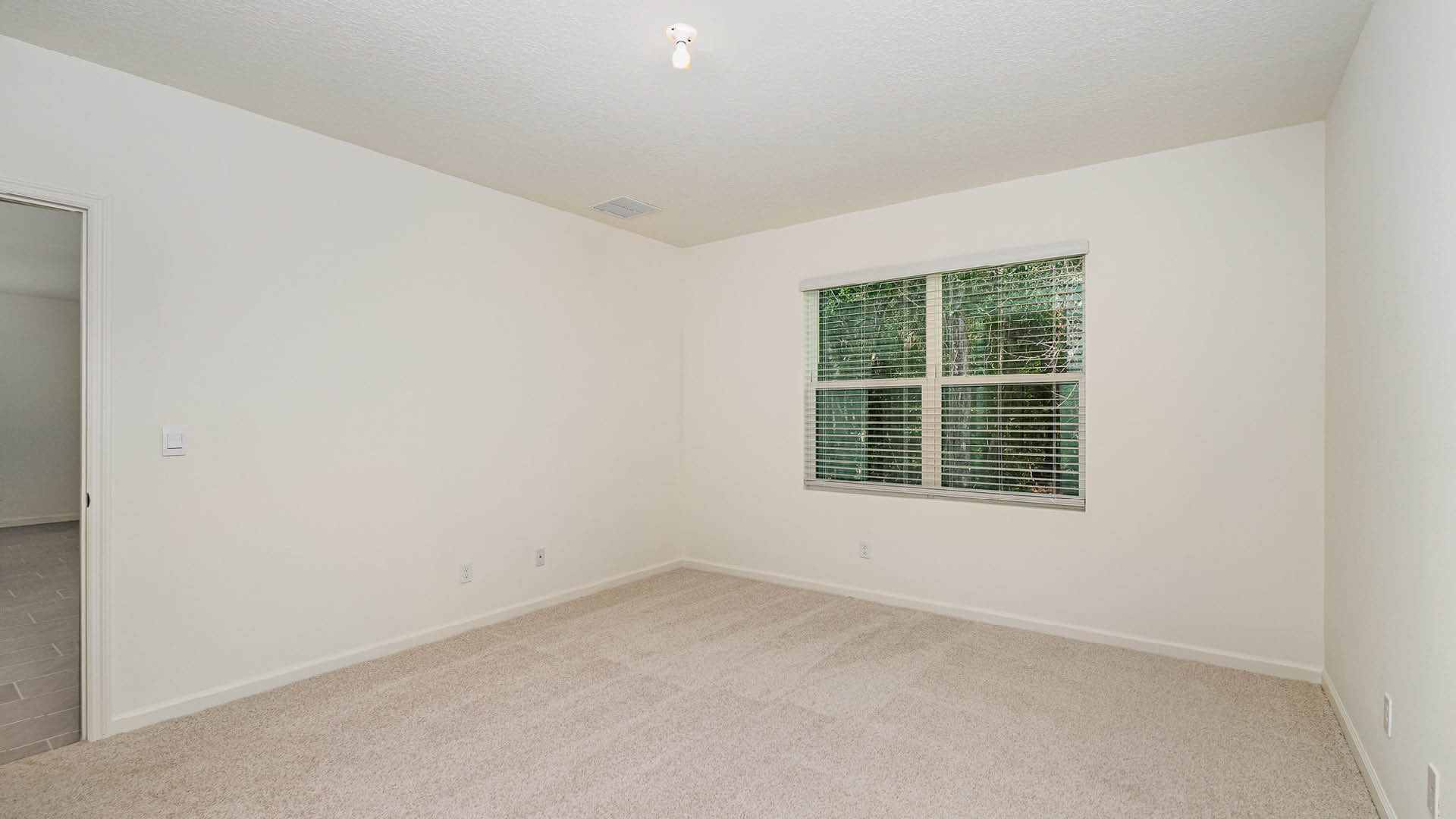 Bright, empty room with beige carpet, white walls, and a large window with blinds overlooking greenery. Doorway to another room visible.