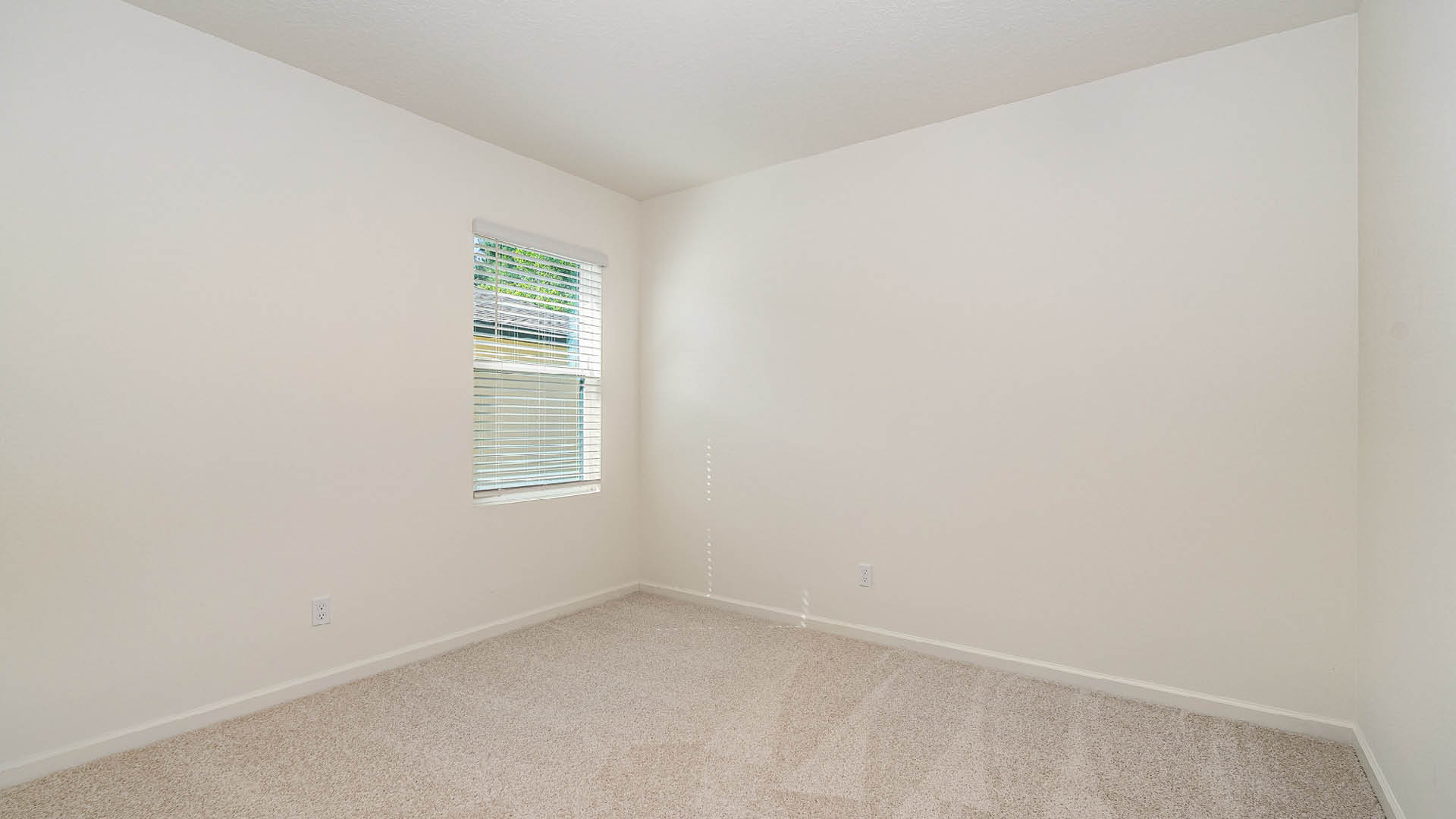 Empty room with beige carpet, plain white walls, and a window with blinds allowing natural light to enter.
