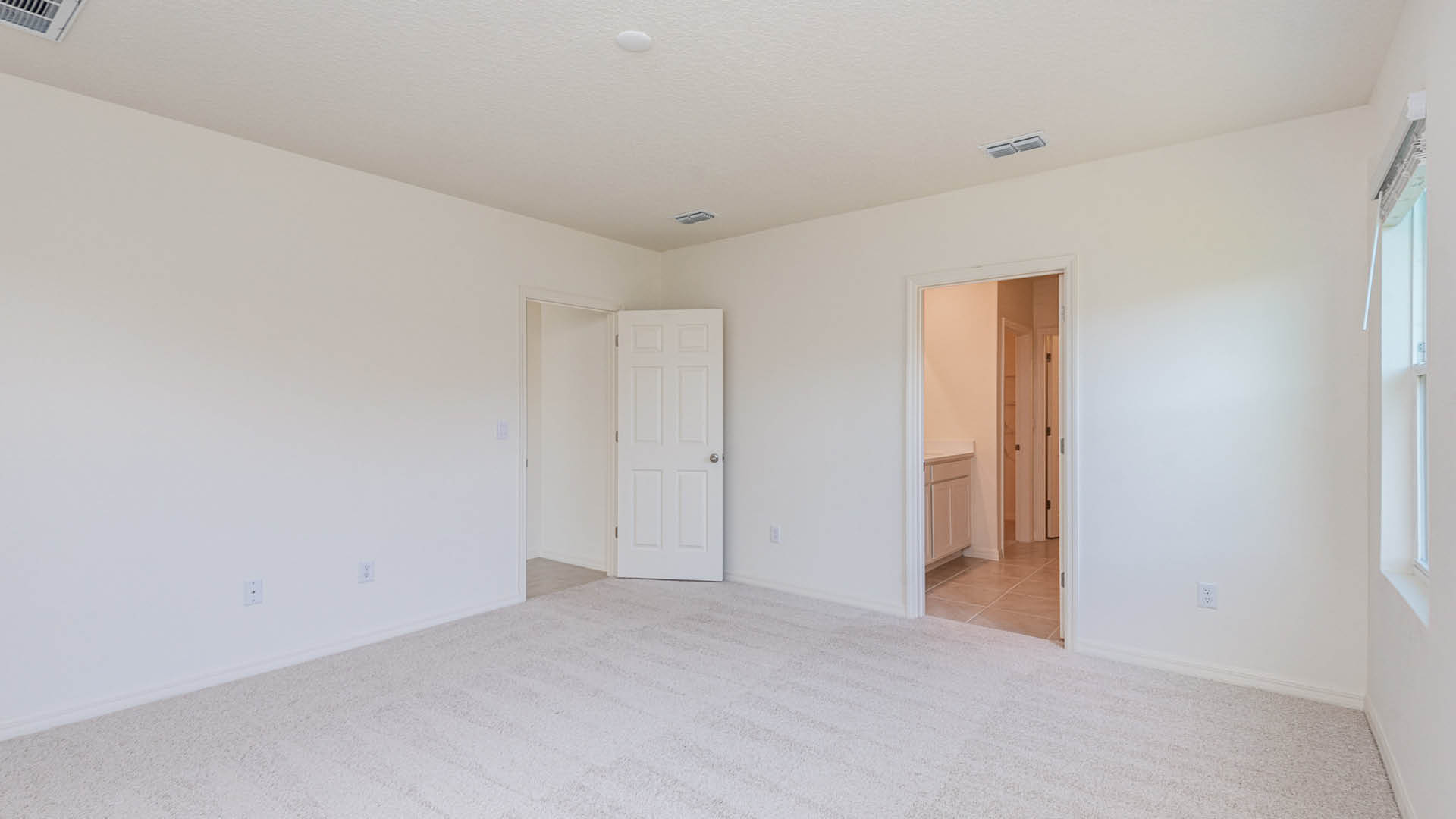 Spacious, empty bedroom with light carpet, white walls, and two doorways leading to a bathroom and closet. Natural light from windows.