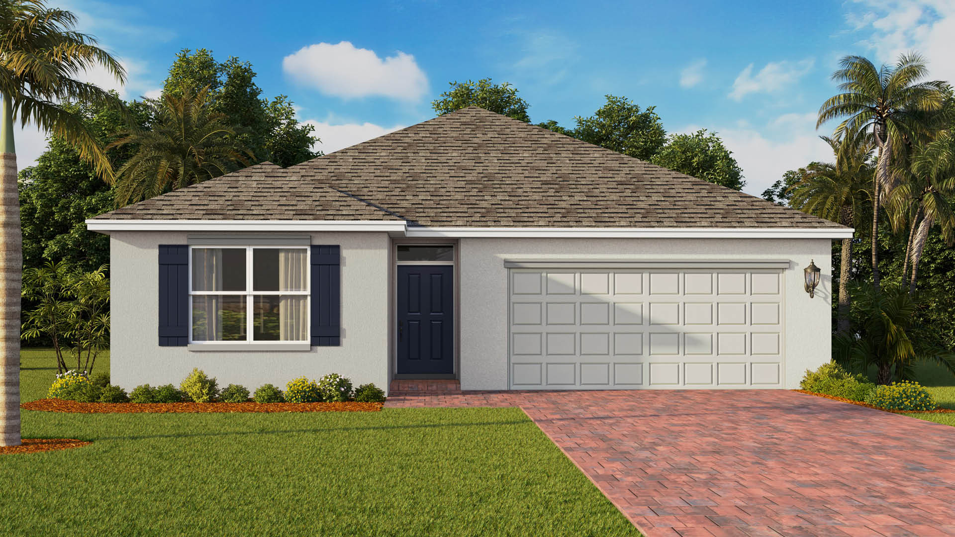 A modern single-story house with a gray exterior, dark blue shutters, a brick driveway.