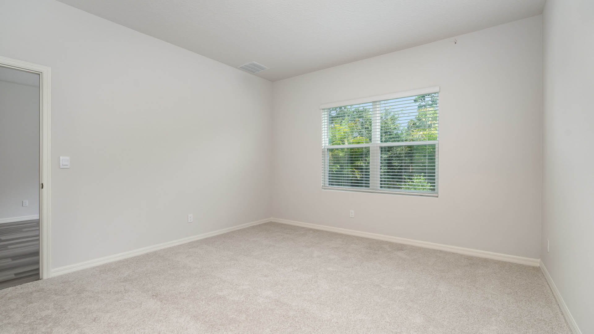 A spacious, empty room with light gray walls and plush carpet, featuring a window with white blinds and a view of greenery outside.