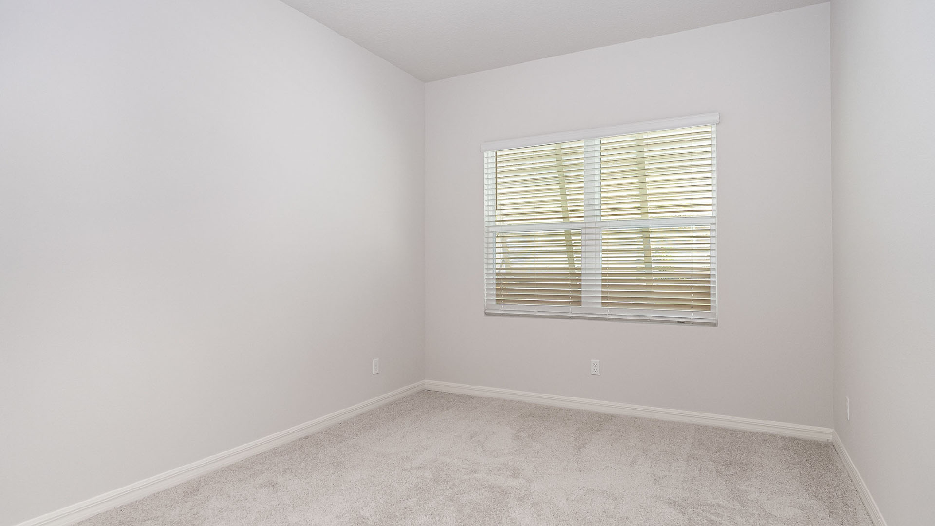 Bright, empty bedroom with light gray walls, soft carpet, and a window adorned with white blinds, providing ample natural light.