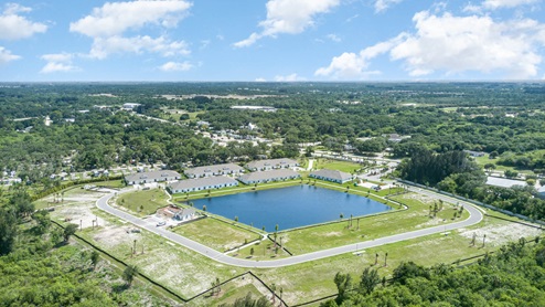 Aerial view of a serene residential community with a large pond, surrounded by lush greenery and new palm trees.