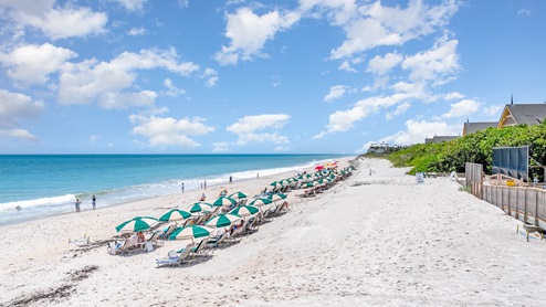 A sunny beach scene featuring rows of green and white umbrellas, sandy shore, waves, and distant beachgoers enjoying the ocean.