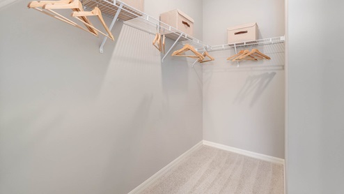 A spacious closet featuring wooden hangers on wire shelves and storage boxes atop, against light gray walls and plush carpet.