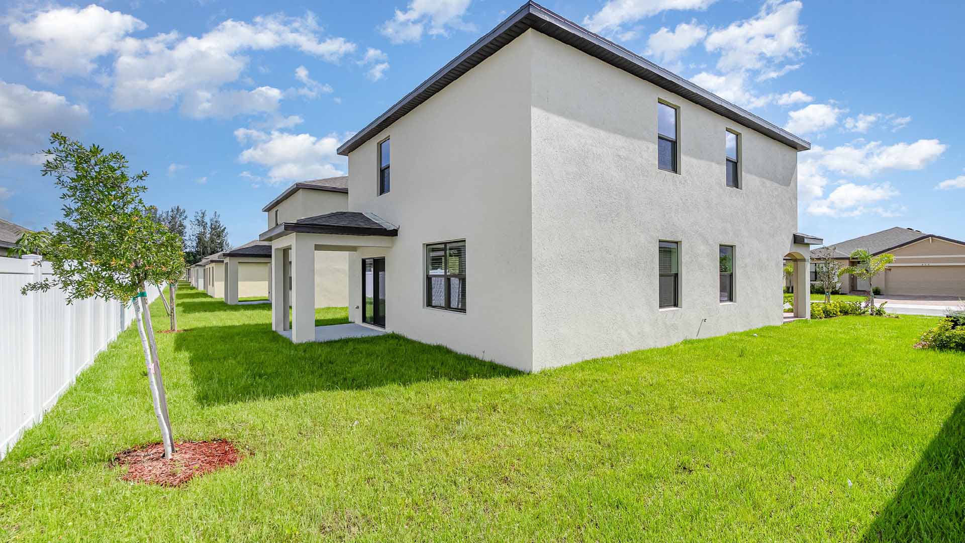 A spacious two-story house with white exterior, surrounded by lush green lawn and blue sky, showcasing a well-maintained yard.