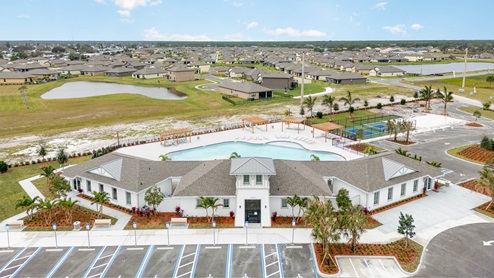 Aerial view of the Crystal Bay Estates Clubhouse, Pool and Pickleball court