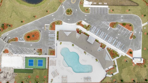 Aerial view of the Crystal Bay Estates Clubhouse, Pool and Pickleball court