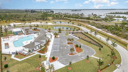 Aerial view of the Crystal Bay Estates Clubhouse, Pool and Pickleball court