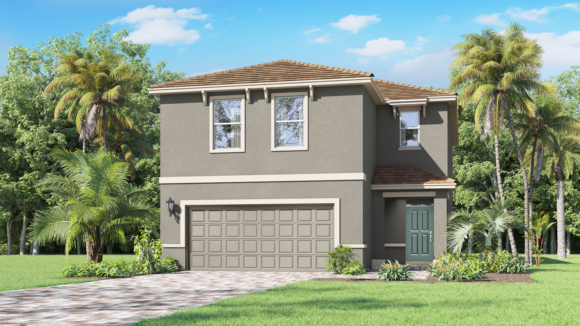 A charming two-story house with two car garage, a green welcoming front door, and paver driveway.