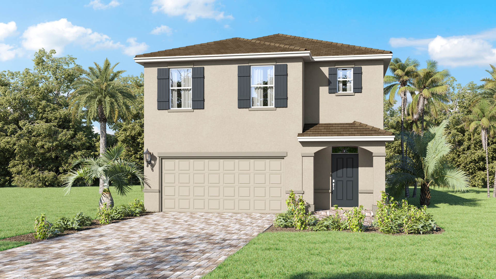 Modern two-story beige stucco home with two car garage, dark front door, window shutters and brick paver driveway.